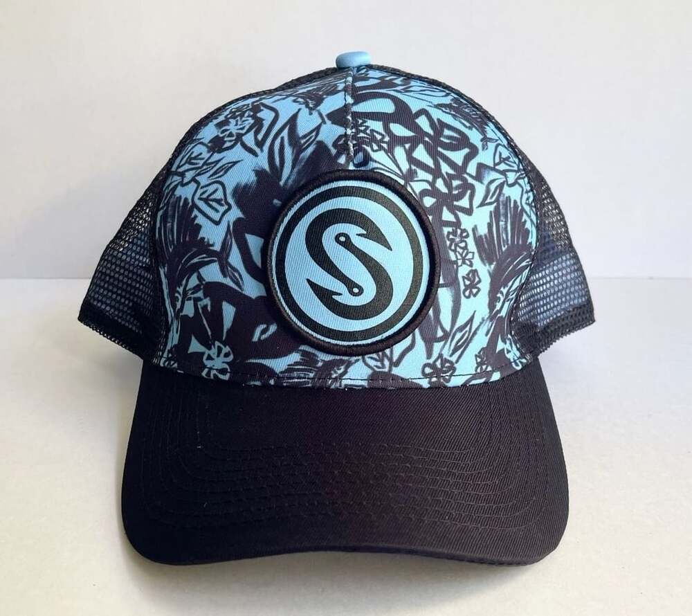 Scales Hook Stitch Snapback Trucker Hat Blue Black Fishing Logo